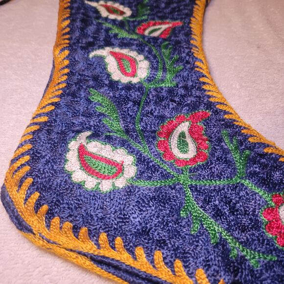 Vintage Hand Embroidered Double Sided Blue Christmas Stocking Holiday Decor - Picture 4 of 6